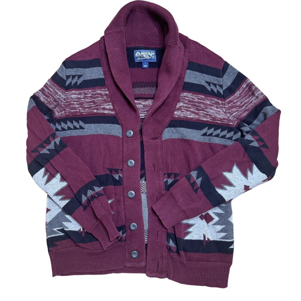 AMERICAN RAG SOUTHWEST AZTEC CARDIGAN MEN L LARGE MAROON DESIGN VINTAGE STYLE
